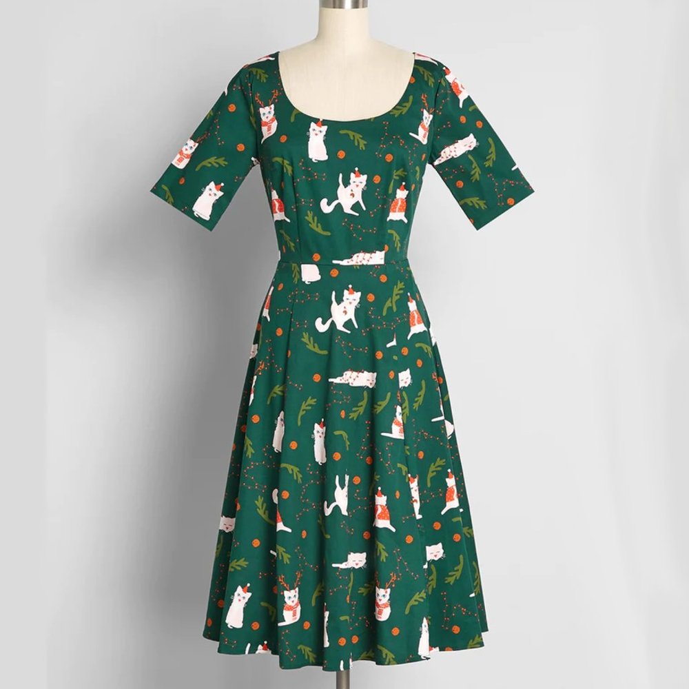 Collectif Catching Festive Felines Silly Christmas Cat Dress, Size UK 8 / US 4